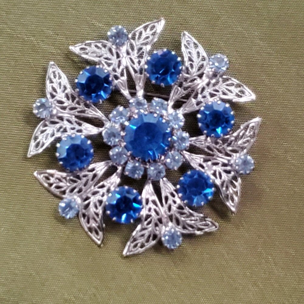 Vintage Celebrity NY Royal and Light Blue Rhinestone Filigree Floral Brooch